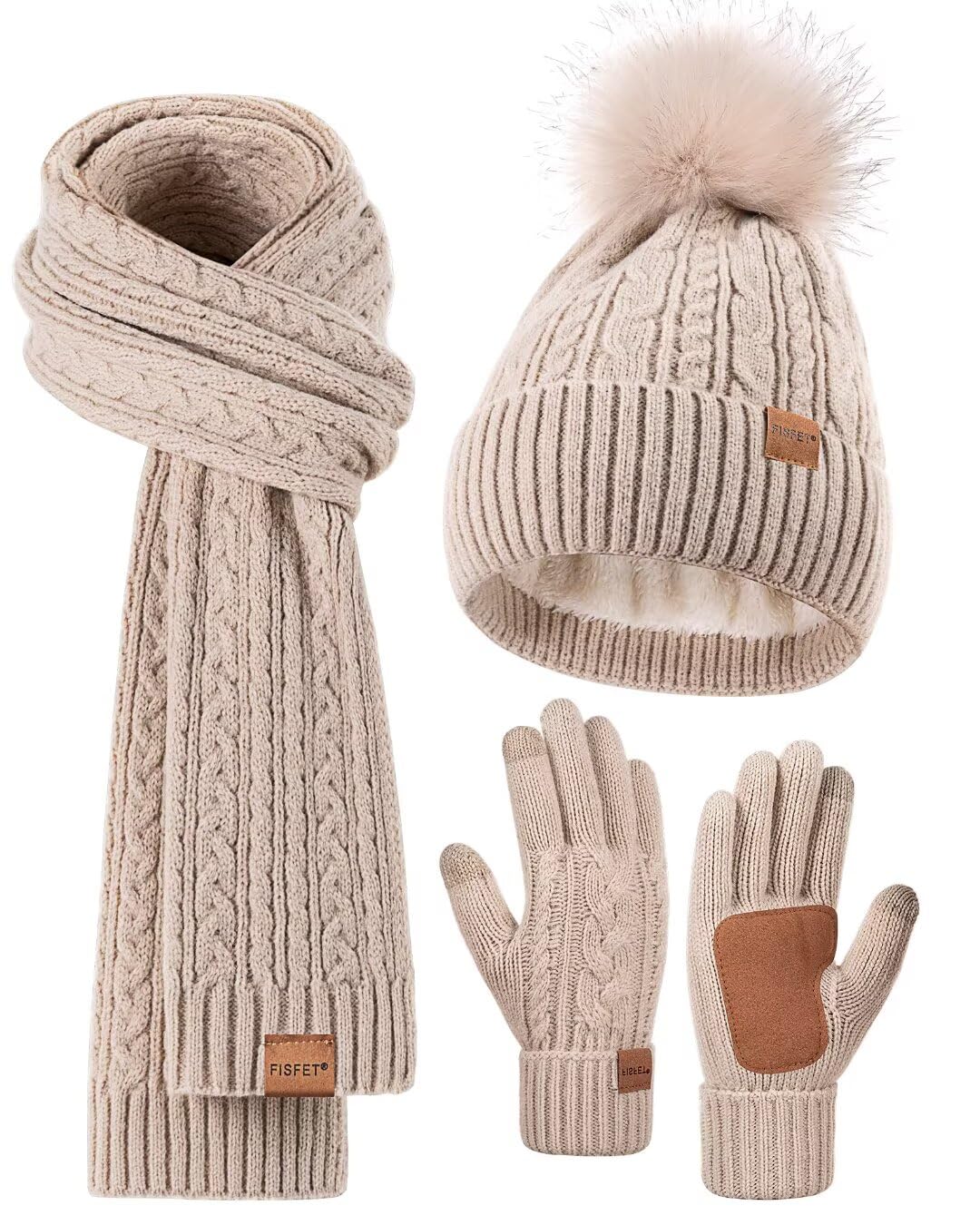 Winter Beanie Hat Scarf Gloves Set for Women, Pom Pom Beanie Fleece Lined Knit Neck Warmer Touchscreen Gloves 3 in 1 Gift Set